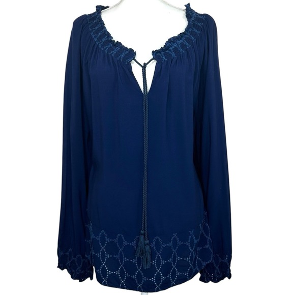 Donna Karan Tops - Donna Karan New York DKNY Navy Embroidered Peasant Blouse XL Tassel Tie Boho Top